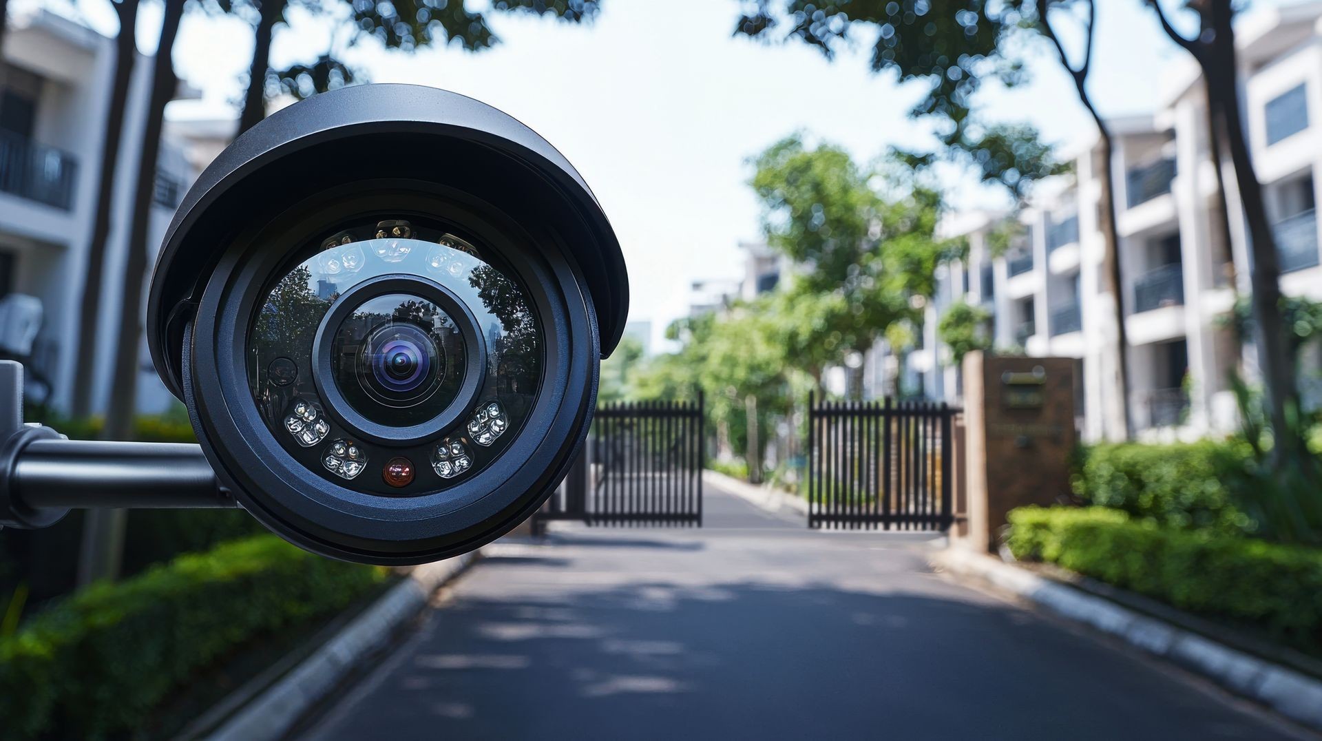 Close-up of a security camera with residential buildings and a gated entrance in the background.