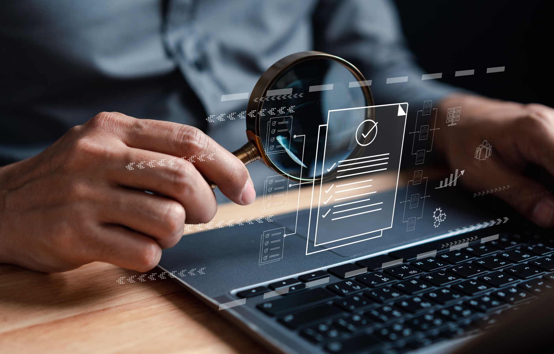 HOA Secrets, learn how management companies overcharge, Businessman Inspecting Paperwork Document of Business Data Analysis working Management report with KPI and metrics connected to database. Corporate strategy for finance, operations, sales, marketing.